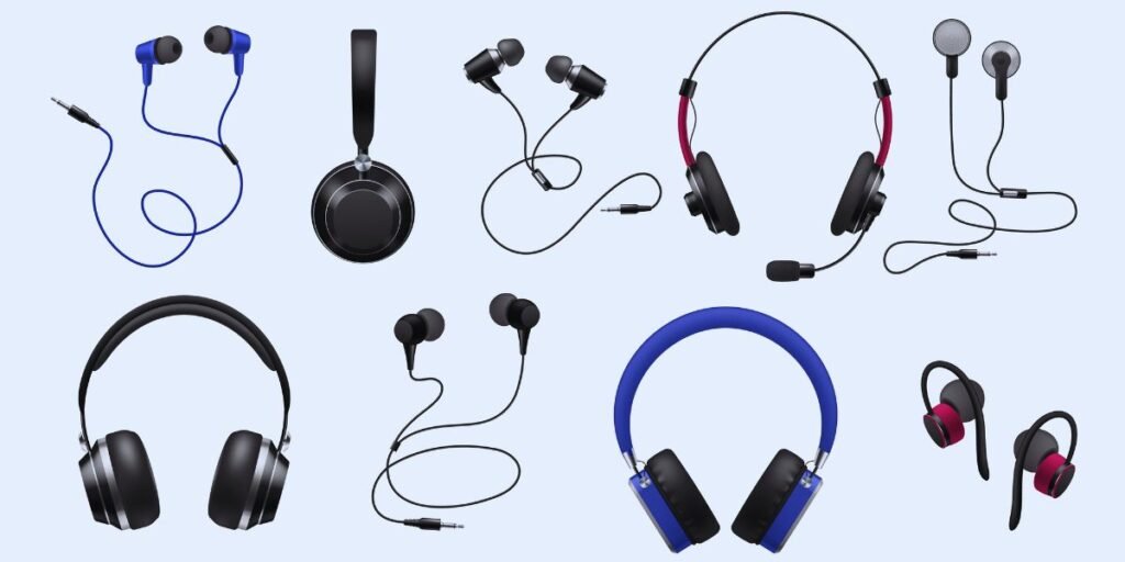 Diferentes tipos de fone de ouvido intra-auricular, over-ear, in-ear, supra-auricular